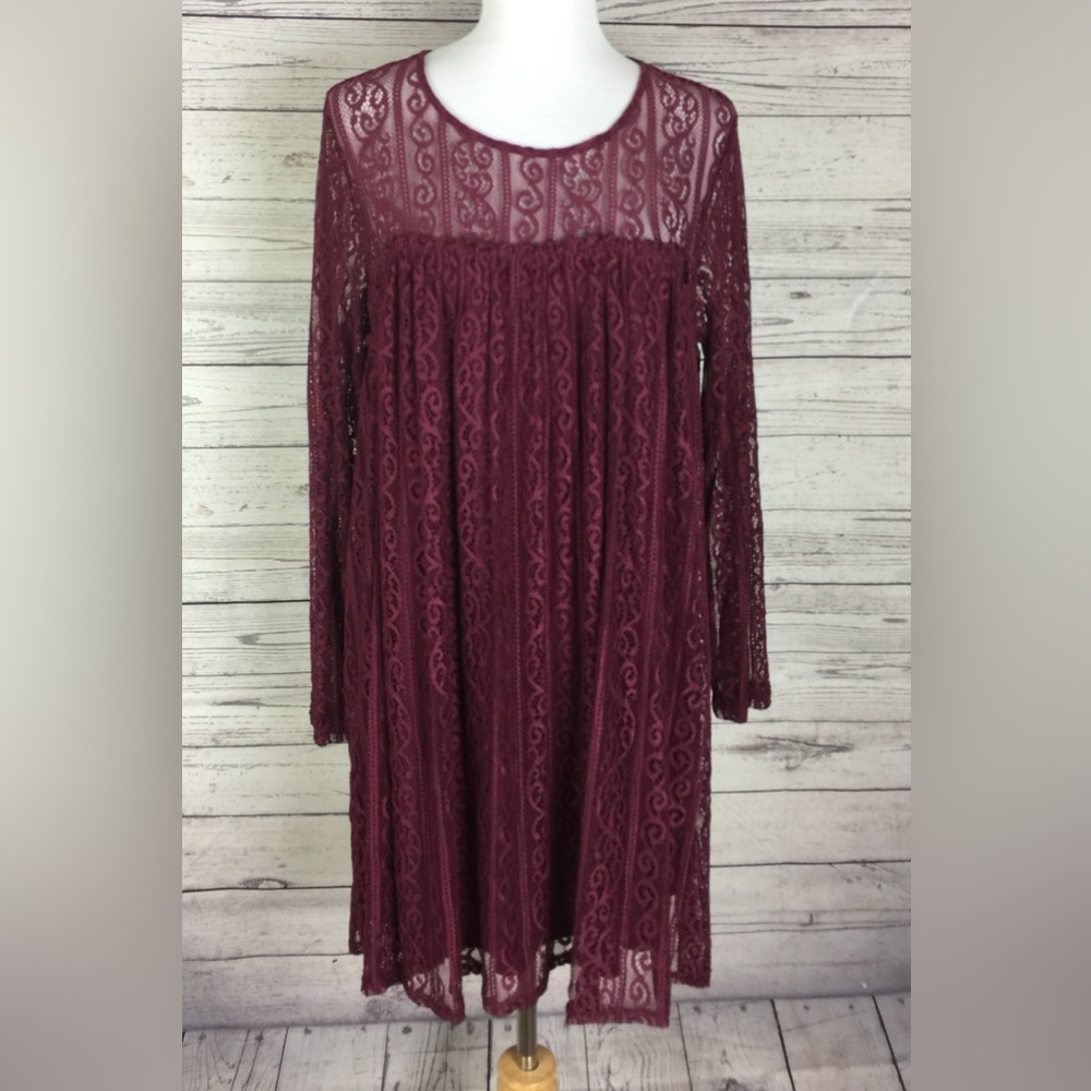 Bow & Arrow Women’s Wine Red Sheer Lace Overlay Lined Gold Back Zip Dress